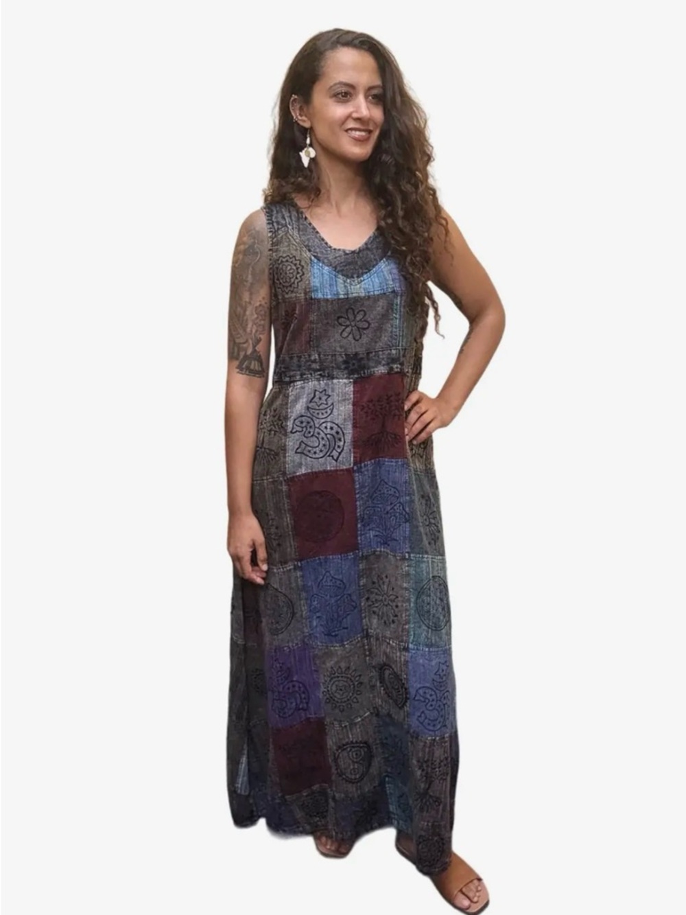 0089–NWT Boho Sleeveless Patchwork Maxi Dress in Blue and Burgundy